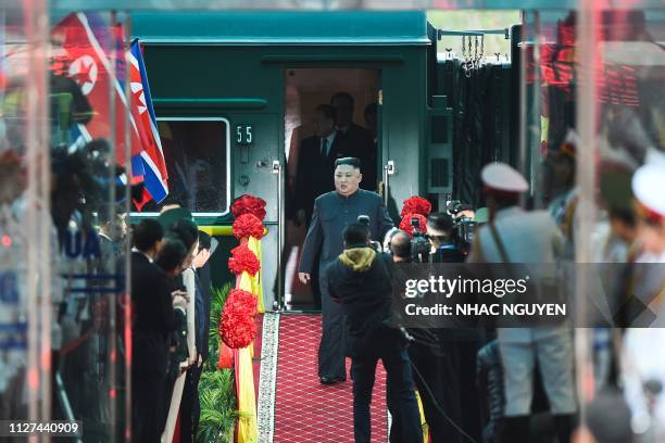 North Korea's leader Kim Jong Un arrives at the Dong Dang railway station in Dong Dang, Lang Son province, on February 26 to attend the second...