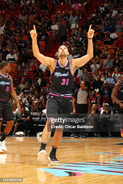 Ryan Anderson of the Miami Heat celebrates during the game against the Phoenix Suns on February 25, 2019 at American Airlines Arena in Miami,...