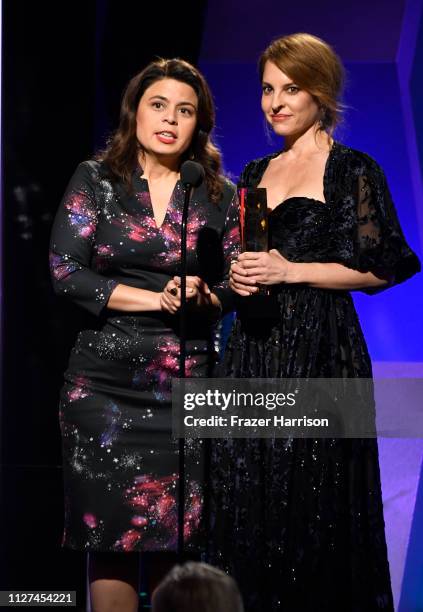 Gabriela Rodriguez and Marina de Tavira speak onstage at the 18th Annual AARP The Magazine's Movies For Grownups Awards at the Beverly Wilshire Four...