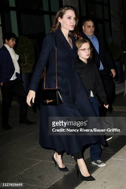 Angelina Jolie is seen with her children attending a screening of 'The Boy Who Harnessed the Wind' on February 25, 2019 in New York City.