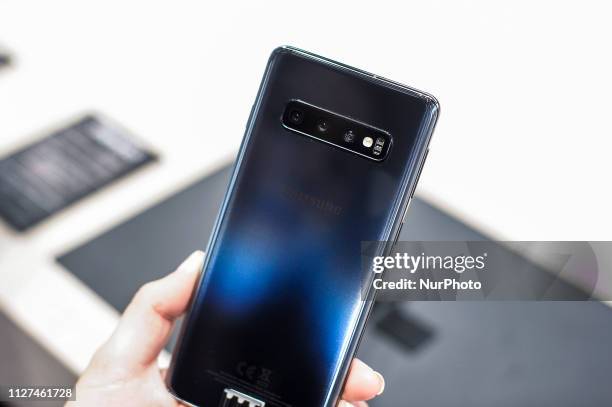 Detail of three cameras of the new Samsung Galaxy S10, exhibited during the Mobile World Congress, on February 25, 2019 in Barcelona, Spain.