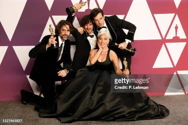 Lady Gaga, Mark Ronson, Anthony Rossomando, Andrew Wyatt pose in the press room at the 91st Annual Academy Awards at the Dolby Theatre in Hollywood,...