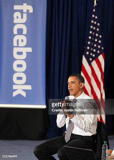 President Barack Obama speaks during a town hall style meeting at Facebook headquarters on April 20, 2011 in Palo Alto, California. Obama held the...