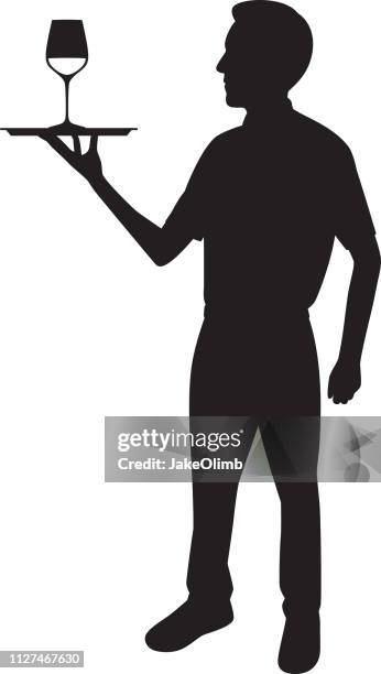 kellner mit tablett mit weinglas silhouette - bartender stock-grafiken, -clipart, -cartoons und -symbole