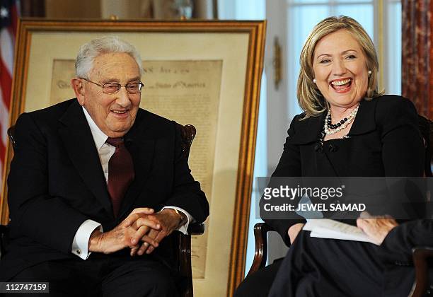 Secretary of State Hillary Clinton and former US Secretary of State Henry Kissinger participate in "Conversations on Diplomacy, Moderated by Charlie...