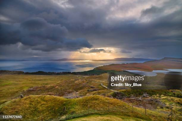 view from old man of storr, isle of skye, scottish highlands - old man of storr stock pictures, royalty-free photos & images