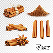 3d realistic vector set of cinnamon ( cinnamon sticks tied with a rope, anise stars and a pile of cinnamon)