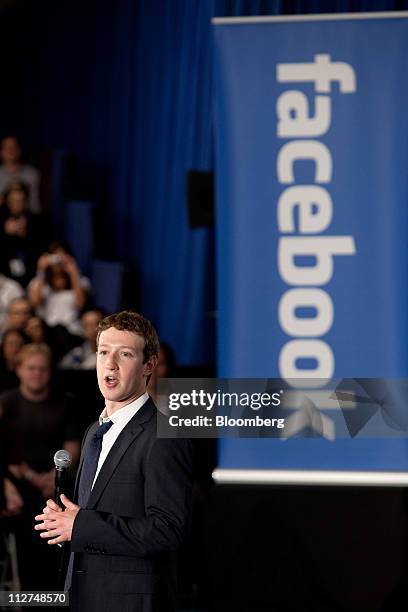 Mark Zuckerberg, co-founder and chief executive officer of Facebook Inc., speaks during a town hall event at Facebook headquarters in Palo Alto,...