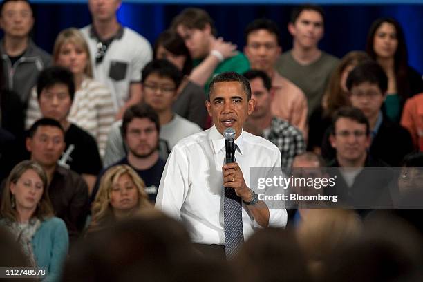 President Barack Obama speaks during a town hall event at Facebook Inc. Headquarters in Palo Alto, California, U.S., on Wednesday, April 20, 2011....