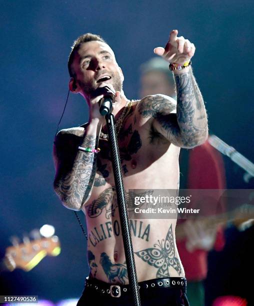 Adam Levine of Maroon 5 performs during the Pepsi Super Bowl LIII Halftime Show at Mercedes-Benz Stadium on February 03, 2019 in Atlanta, Georgia.