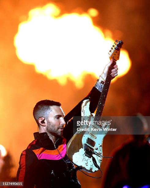 Adam Levine of Maroon 5 performs during the Pepsi Super Bowl LIII Halftime Show at Mercedes-Benz Stadium on February 03, 2019 in Atlanta, Georgia.
