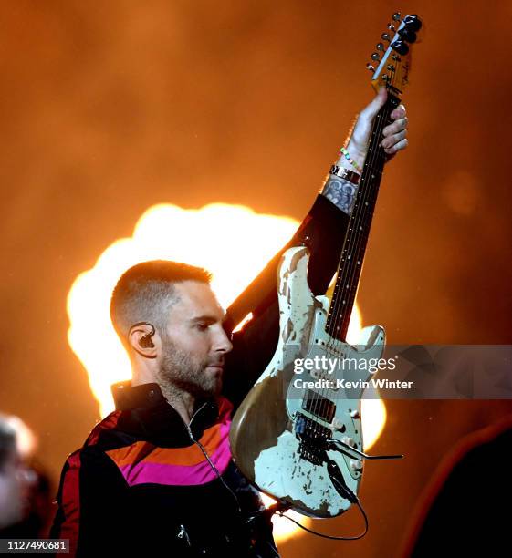 Adam Levine of Maroon 5 performs during the Pepsi Super Bowl LIII Halftime Show at Mercedes-Benz Stadium on February 03, 2019 in Atlanta, Georgia.