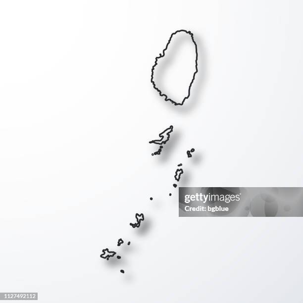 saint vincent and the grenadines map - black outline with shadow on white background - mustique stock illustrations
