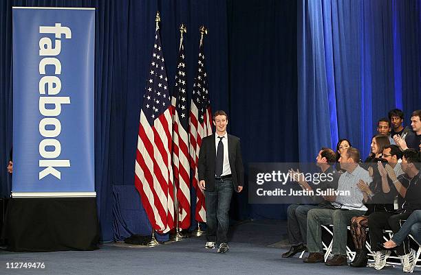 Facebook CEO Mark Zuckerberg arrives at a town hall style meeting with U.S. President Barack Obama at Facebook headquarters on April 20, 2011 in Palo...