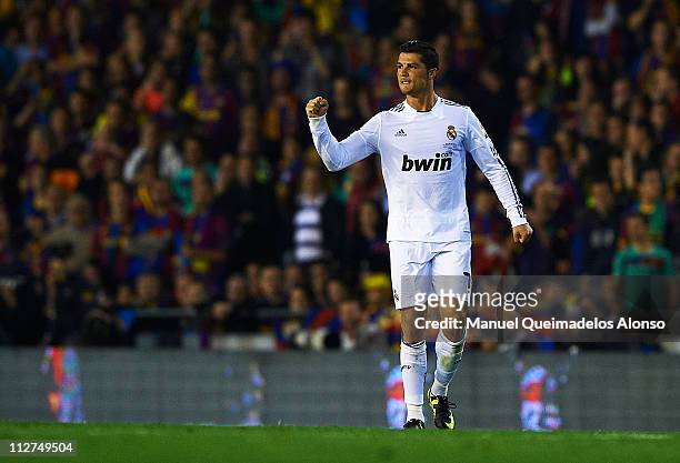 Cristiano Ronaldo of Real Madrid celebrates after scoring during the Copa del Rey final match between Real Madrid and Barcelona at Estadio Mestalla...