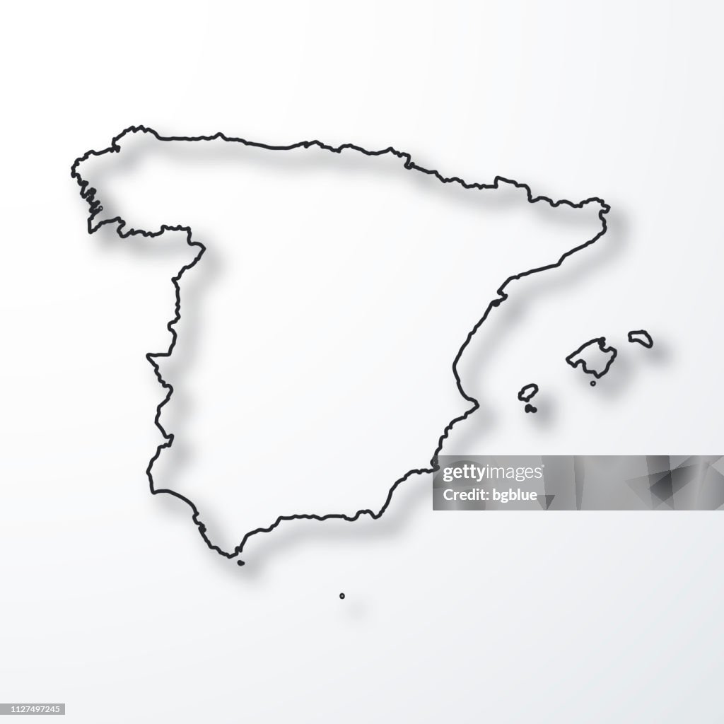 Mapa de España - negro contorno con sombra sobre fondo blanco
