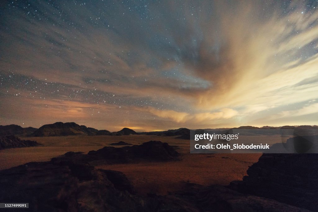 Scenic view of Wadi Rum desert at night