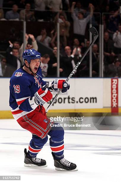 Ruslan Fedotenko of the New York Rangers celebrates after Marian Gaborik scored a goal in the second period against the Washington Capitals in Game...
