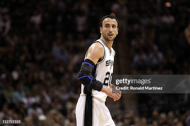 Guard Manu Ginobili of the San Antonio Spurs against the Memphis Grizzlies in Game Two of the Western Conference Quarterfinals in the 2011 NBA...