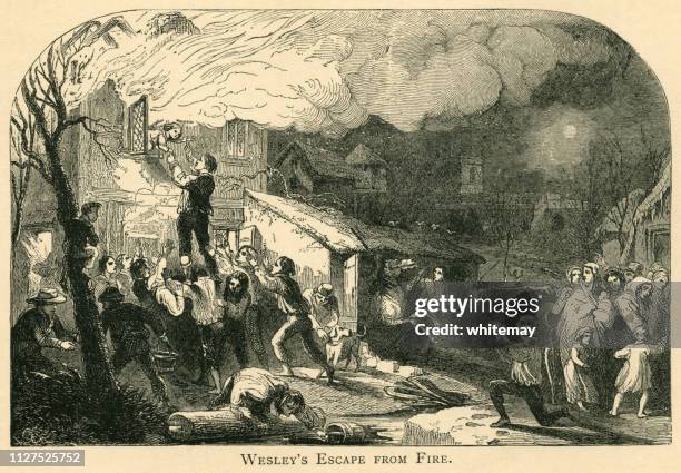 the rescue of john wesley from the epworth rectory fire - inferno stock illustrations
