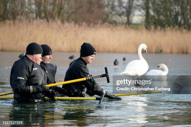 Police search the frozen Oak Road Pond in Hull near to the home of missing 21-year-old student Libby Squire on February 05, 2019 in Hull, England....