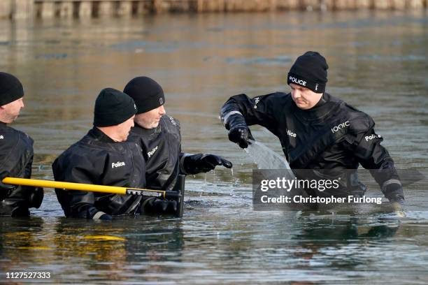 Police search the frozen Oak Road Pond in Hull near to the home of missing 21-year-old student Libby Squire on February 05, 2019 in Hull, England....