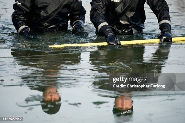 Police search the frozen Oak Road Pond in Hull near to the home of missing 21-year-old student Libby Squire on February 05, 2019 in Hull, England....