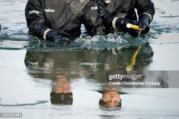 Police search the frozen Oak Road Pond in Hull near to the home of missing 21-year-old student Libby Squire on February 05, 2019 in Hull, England....