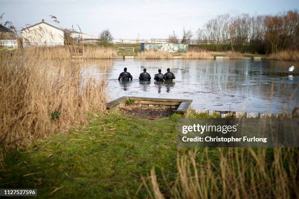 Police search the frozen Oak Road Pond in Hull near to the home of missing 21-year-old student Libby Squire on February 05, 2019 in Hull, England....