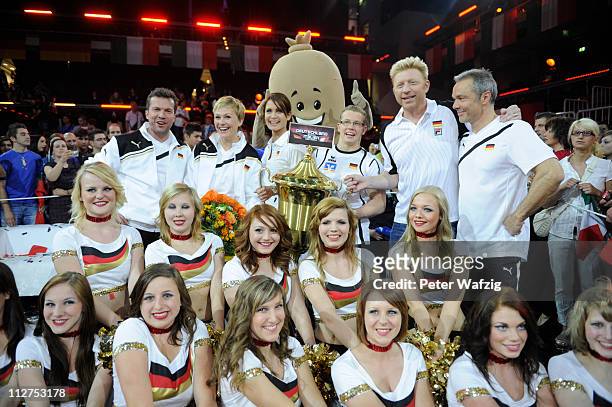 The winning german team poses with the cup after the 'Deutschland Gegen Italien' TV Show on April 20, 2011 in Duesseldorf, Germany.