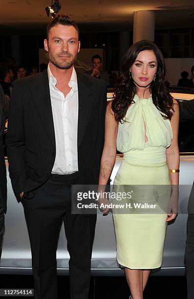 Actors Brian Austin Green and Megan Fox attend the celebration of Jaguar Design and the 50th Anniversary of the Jaguar E-Type at The IAC Building on...