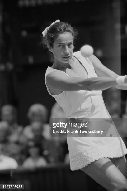 British tennis player Virginia Wade in action at Wimbledon Championships, London, UK, 30th June 1975.