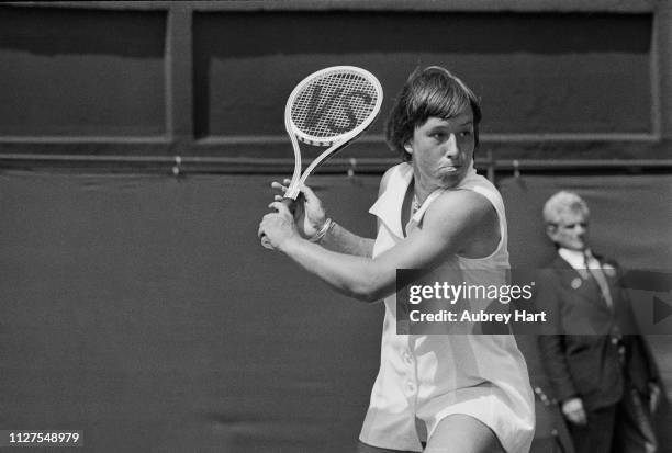 Czechoslovak-American tennis player Martina Navratilova in action at Wimbledon Championships, All England Lawn Tennis and Croquet Club, London, UK,...