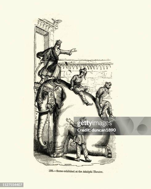 elephant used to escape from a building, 19th century - tame stock illustrations