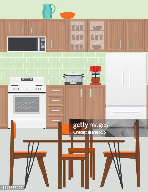 modern kitchen with cabinets and appliances - empty kitchen counter stock illustrations
