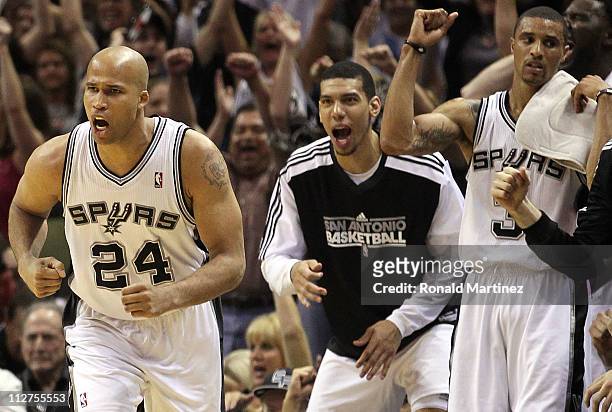 Forward Richard Jefferson of the San Antonio Spurs reacts after making a three-point shot against the Memphis Grizzlies in Game Two of the Western...