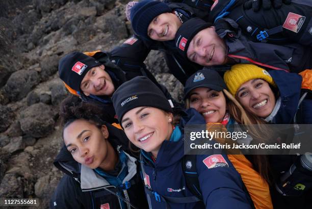 Leigh-Anne Pinnock, Alexander Armstrong, Dan Walker, Ed Balls, Anita Rani, Jade Thirlwall and Dani Dyer pose during day four of 'Kilimanjaro: The...