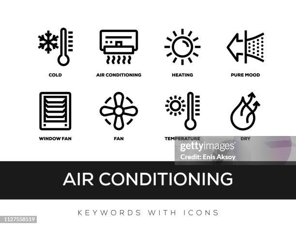stockillustraties, clipart, cartoons en iconen met air conditioning zoekwoorden met pictogrammen - elektrische ventilator