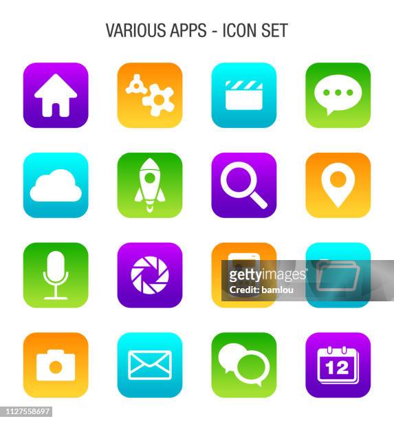 illustrazioni stock, clip art, cartoni animati e icone di tendenza di set di icone varie app mobili - applicazione mobile