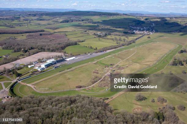 An aerial view of Chepstow Racecourse, located in Piercefield Park, overlooking the River Wye, 1 mile north west of Chepstow town centre, on March...