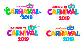 Set of Welcome to Carnival 2019. Handwritten Carnival logo with masks. Party, masquerade poster card, invitation. Celebration decorate. Vector illustration. Isolated on white background.