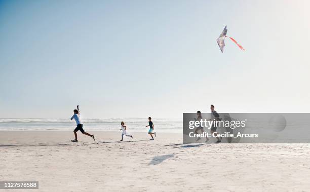 famille en jeu sur une belle journée ensoleillée - kite flying photos et images de collection