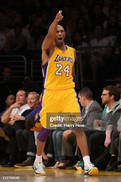 Kobe Bryant of the Los Angeles Lakers reacts in the second quarter while taking on the New Orleans Hornets in Game Two of the Western Conference...