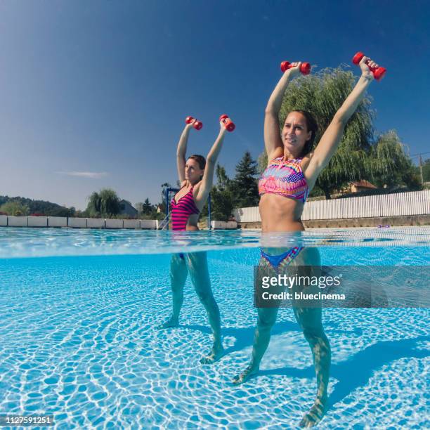 women exercising with dumbbells in swimming pool - aquarobics stock pictures, royalty-free photos & images