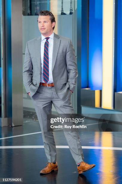 Host Pete Hegseth as Nick Lachey Visits "Fox & Friends" to discuss the "American Kennel Club" show at Fox News Channel Studios on February 05, 2019...