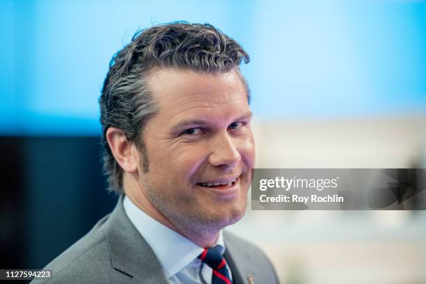 Host Pete Hegseth as Nick Lachey Visits "Fox & Friends" to discuss the "American Kennel Club" show at Fox News Channel Studios on February 05, 2019...