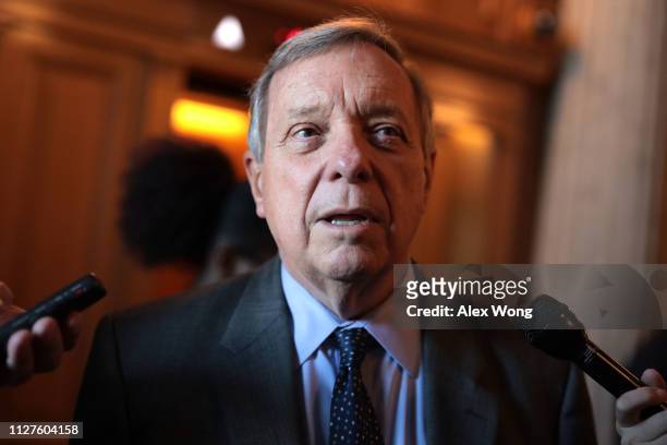 Senate Minority Whip Sen. Richard Durbin speaks to members of the media as he arrives at a weekly Senate Democratic Policy Luncheon at the U.S....