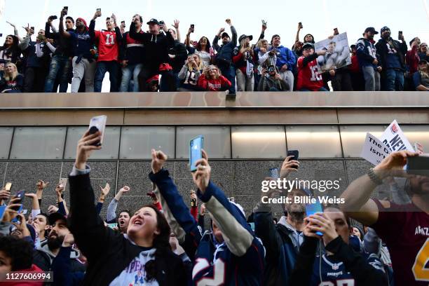 Fans react during the New England Patriots Super Bowl Victory Parade on February 05, 2019 in Boston, Massachusetts.