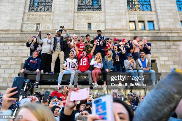 Fans react during the New England Patriots Super Bowl Victory Parade on February 05, 2019 in Boston, Massachusetts.