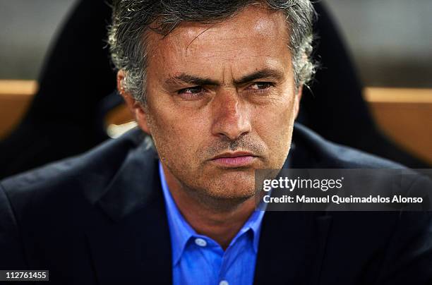 Head Coach Jose Mourinho of Real Madrid looks on before the Copa del Rey final match between Real Madrid and Barcelona at Estadio Mestalla on April...